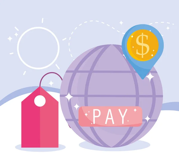 Paiement en ligne, prix de l'étiquette mondiale localisation argent de navigation, achats du marché du commerce électronique, application mobile — Image vectorielle