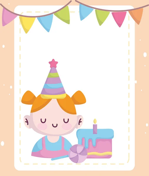Baby-Dusche, kleines Mädchen mit Party-Hut und Kuchen, neugeborene Willkommenskarte — Stockvektor