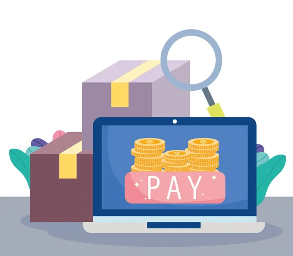 Online betalning, bärbara mynt pengar lådor ordning, e-handel marknad shopping, mobilapp — Stock vektor