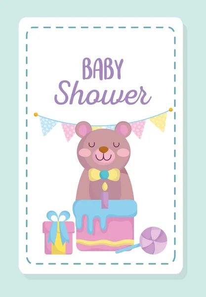 Ducha de bebé, oso lindo con regalo de pastel y dibujos animados de caramelos, anuncie la tarjeta de bienvenida del recién nacido — Vector de stock