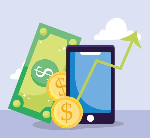 Çevrimiçi ödeme, akıllı telefon banknotu para, ecommerce market alışverişi, mobil uygulama — Stok Vektör