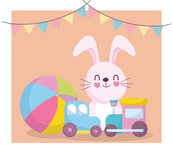 Дитячий душ, милий кролик з автомобільним поїздом та кульковими іграшками, оголошують новонароджену вітальну листівку — стоковий вектор