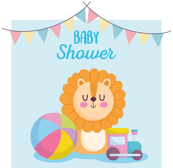 Baby párty, roztomilý lev s vlakem a míč karikatury, oznámit novorozence uvítací karty — Stockový vektor