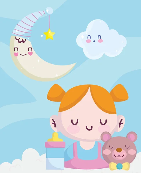 Bebé ducha, pequeña niña oso biberón alimentación luna y nube decoración, anunciar recién nacido tarjeta de bienvenida — Vector de stock