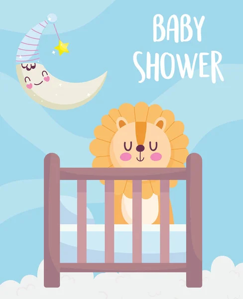 Детский душ, тигр в кроватке с полумесяцем, объявление о рождении приветственной открытки — стоковый вектор