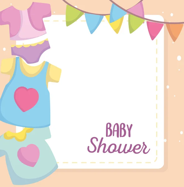 婴儿淋浴间，小服装时装卡通片，小宣布新生儿欢迎卡 — 图库矢量图片