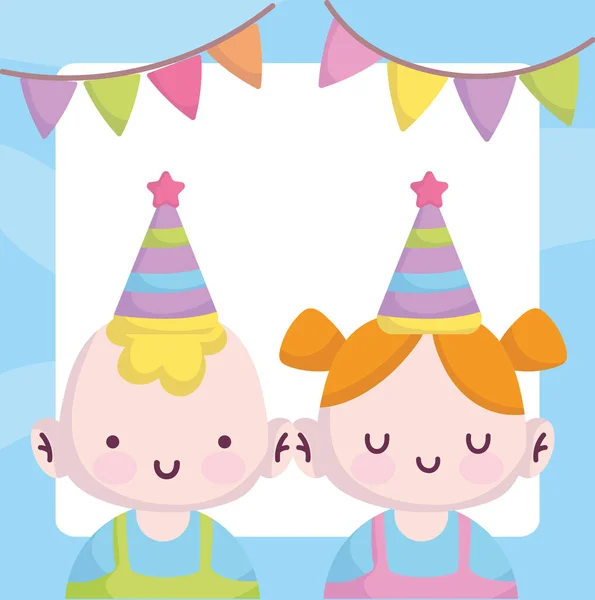 Chá de bebê, menino e menina com festa celebração chapéu, anunciar cartão de boas-vindas recém-nascido — Vetor de Stock