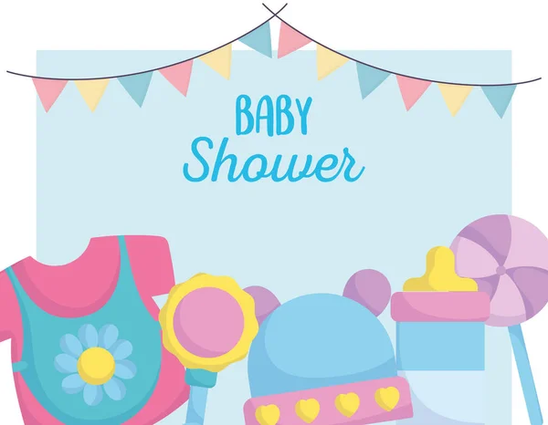Douche de bébé, chapeau bouteille hochet robe dessin animé, annoncer carte de bienvenue nouveau-né — Image vectorielle