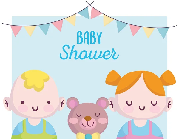 Chá de bebê, menino e menina com urso bonito, anunciar cartão de boas-vindas recém-nascido —  Vetores de Stock
