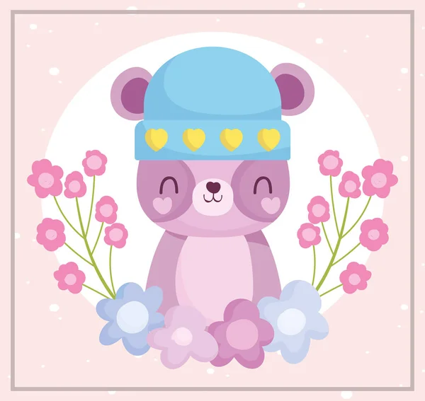Детский душ, милый плюшевый мишка в шляпе и цветочном декоре, поздравительная открытка новорожденному — стоковый вектор