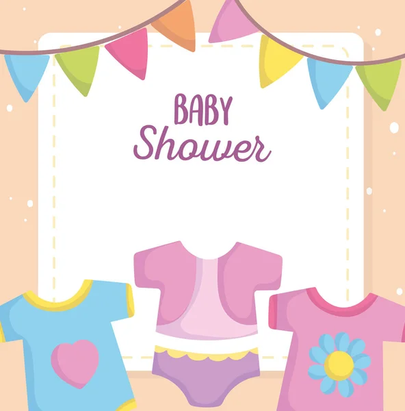 Baby shower, bodysuit dress clothes cartoon, announce newborn welcome card — Stock Vector
