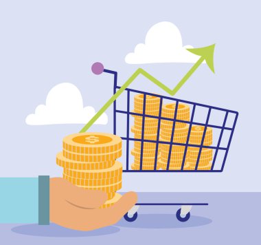 Çevrimiçi ödeme, madeni paralarla el alışveriş arabası, ecommerce market, mobil uygulama