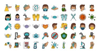 covid 19 koronavirüs önleme salgın salgınını önleme salgın ikonları doğrusal olarak ayarlandı