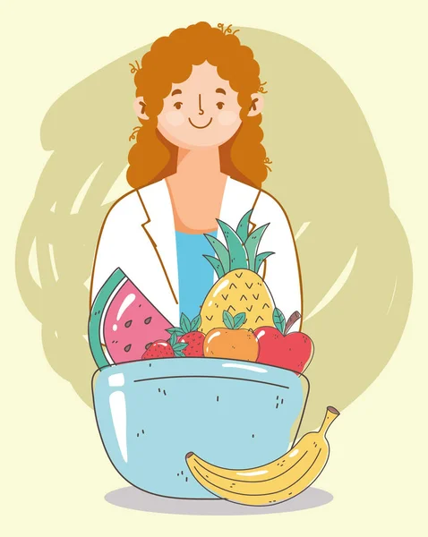 Mujer dietista médico plato con frutas, mercado fresco alimentos orgánicos saludables — Vector de stock