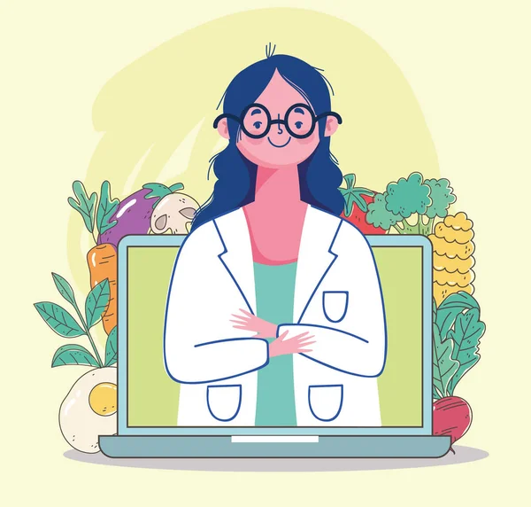 Médico nutricionista fêmea em laptop de vídeo, mercado fresco alimentos orgânicos saudáveis com frutas e legumes —  Vetores de Stock