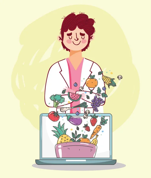 영양학자인 의사는 신선 한 유기농 식품을 과일 과 야채와 함께 판매 한다 — 스톡 벡터