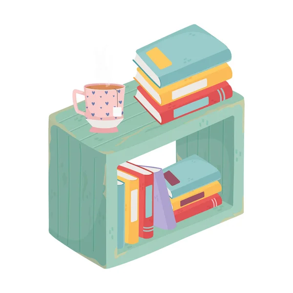 Muebles con libros y taza de té diseño icono aislado — Vector de stock