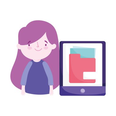 Online eğitim öğrencisi, akıllı telefon klasörü ödevi olan küçük kız.