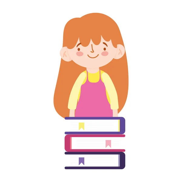 Edukacja online student dziewczyna i książki ułożone prace domowe — Wektor stockowy