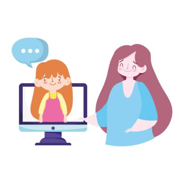 Online eğitim öğretmeni ve bilgisayar öğrencisi kız konuşuyor