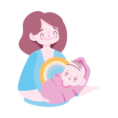 Küçük oğlunu taşıyan genç bir anne. Aile günü.