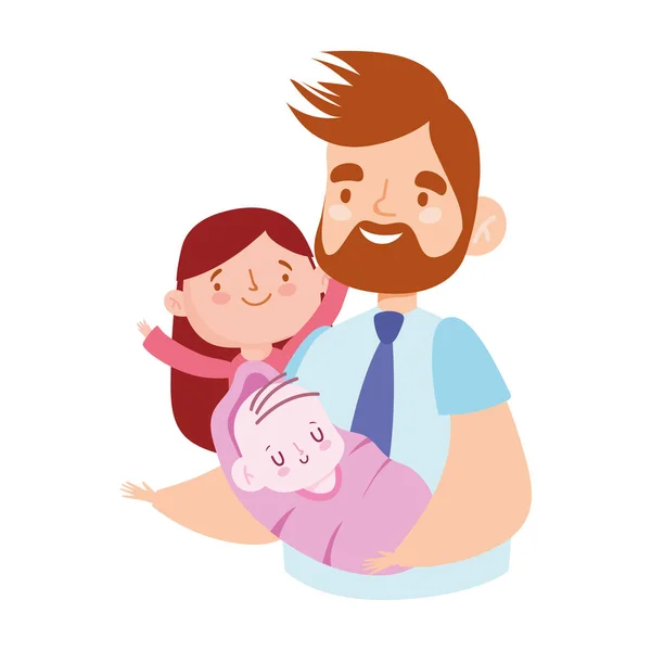 Young dad with baby and daughter characters, family day — Stock Vector