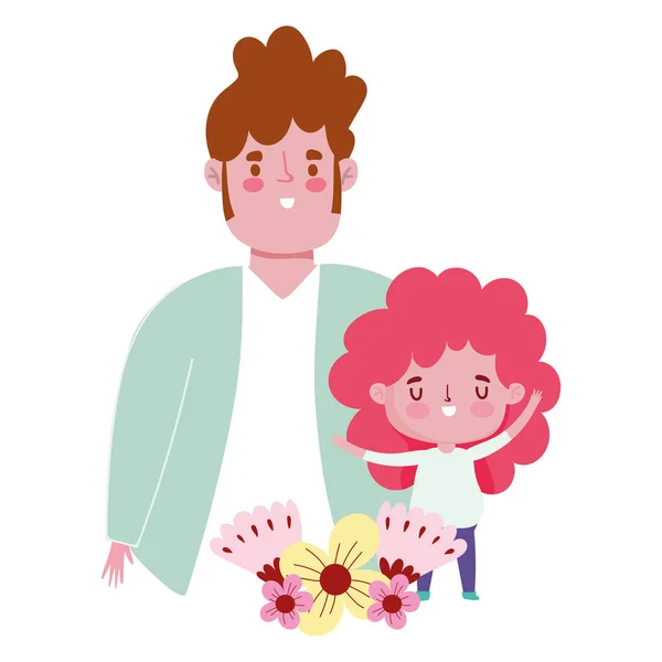 Feliz dia dos pais, pai com filho amor flores desenhos animados —  Vetores de Stock