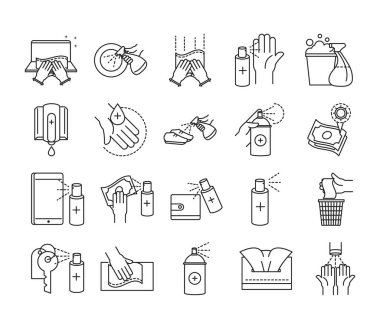 Temizleme dezenfeksiyonu, koronavirüs önleme dezenfekte ürünleri çizgi simgeleri ayarlandı