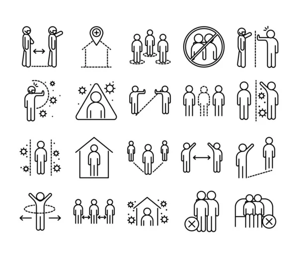 Covid 19 coronavirus social distancing prevance, 확산되는 벡터 라인 스타일 아이콘 — 스톡 벡터