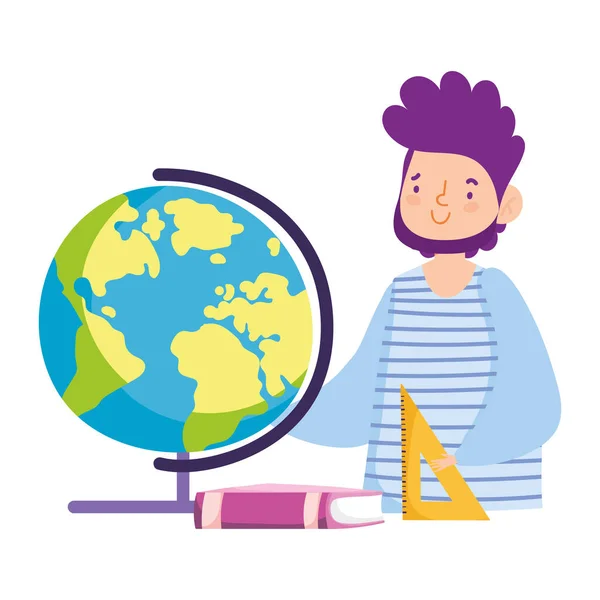 Online education teacher school globe book and ruler cartoon — Stock Vector