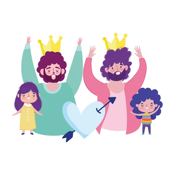 Feliz día de los padres, papás con coronas hija e hijo corazón amor dibujos animados — Vector de stock