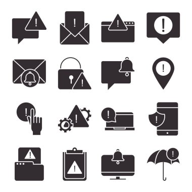 Uyarı, dikkat tehlike ünlem işareti Önlem siluet tarzı tasarım simgeleri ayarlandı