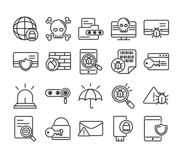 Cyber security and information or network protection icons set line style — Stock Vector