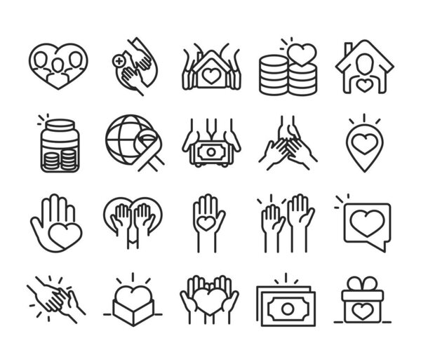 donation charity volunteer help social assistance icons collection line style