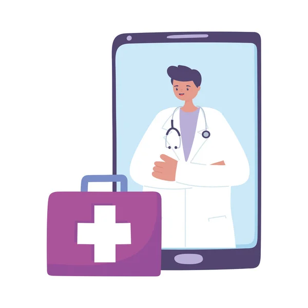 Telemedicina, maleta de médico masculino, tratamiento de consulta remota de teléfonos inteligentes y servicios de atención médica en línea — Vector de stock