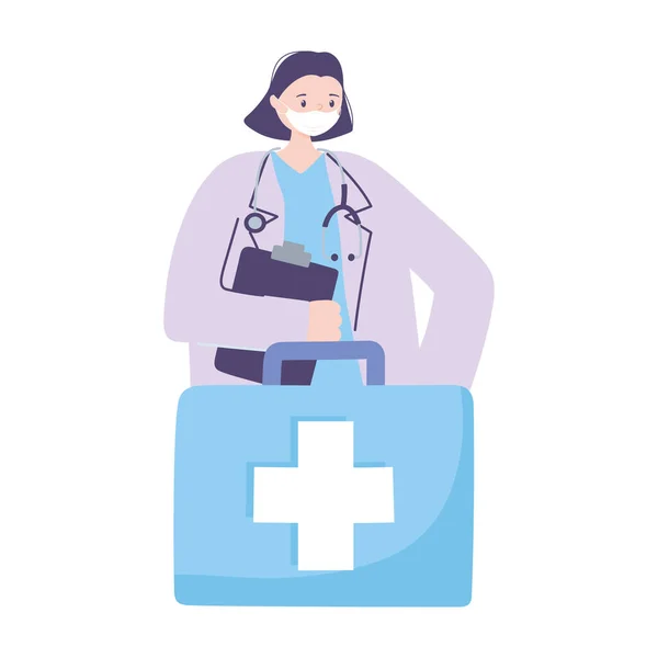 Télémédecine, femme médecin et kit traitement médical et services de santé en ligne — Image vectorielle