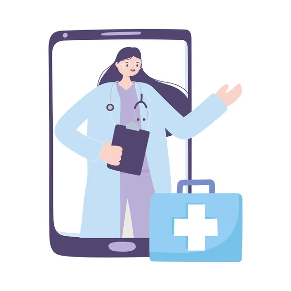 Telemedicina, portapapeles y maleta de médico femenino, tratamiento de consulta remota de teléfonos inteligentes y servicios de atención médica en línea — Vector de stock
