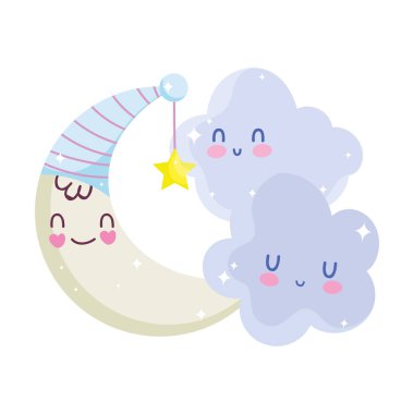 Bebek partisi, yarım ay ve bulutlar dekorasyon karikatürü, yeni doğan hoş geldin kartı duyurusu
