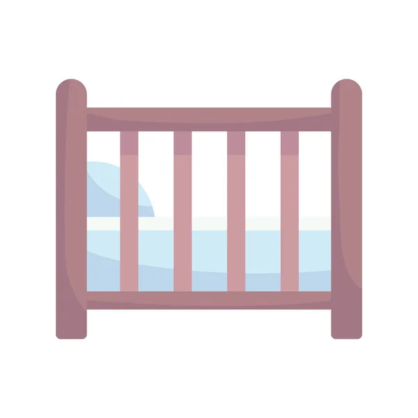 Bebé ducha, cuna de madera con almohada, anunciar la bienvenida recién nacido icono de diseño aislado — Vector de stock