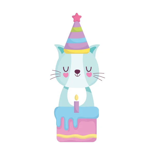 Baby shower, schattige kat met hoed taart, kondigen pasgeboren welkomstkaart — Stockvector