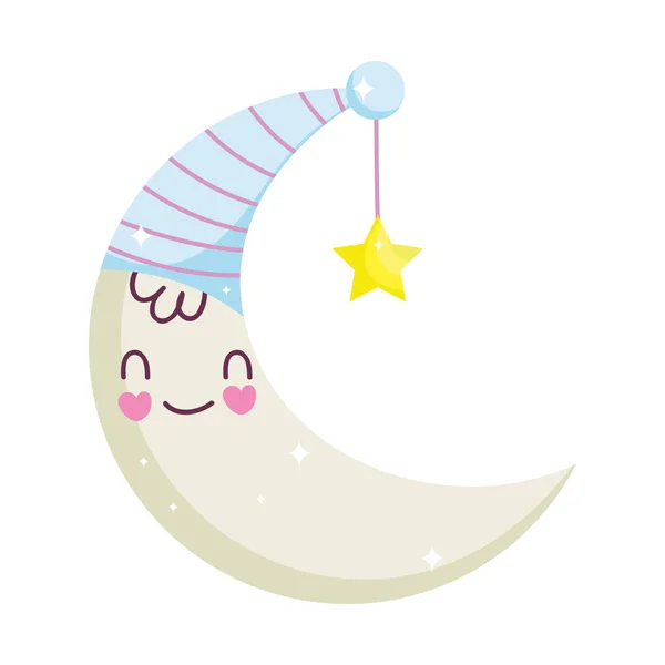 Baby shower, mezza luna con cappello e stella cartone animato, annunciare il neonato benvenuto isolato icona del design — Vettoriale Stock