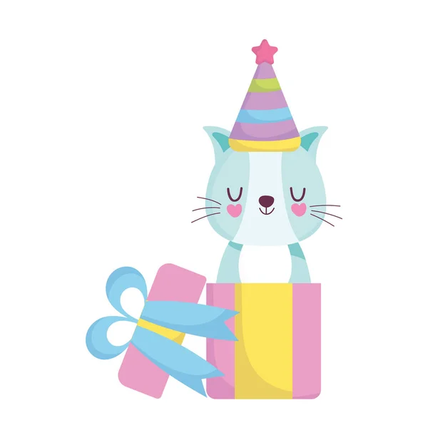 Baby shower, schattig kat coming out geschenkdoos viering, kondigen pasgeboren welkomstkaart — Stockvector