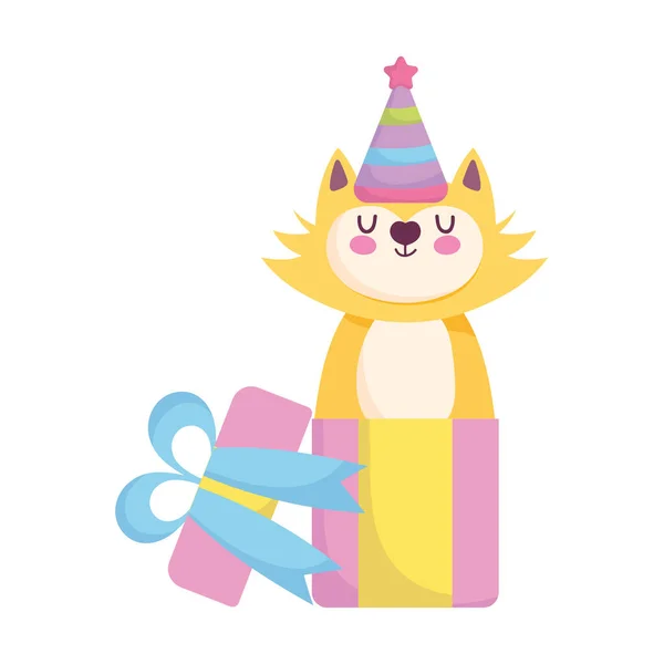 Chá de bebê, gato bonito saindo celebração caixa de presente, anunciar cartão de boas-vindas recém-nascido — Vetor de Stock