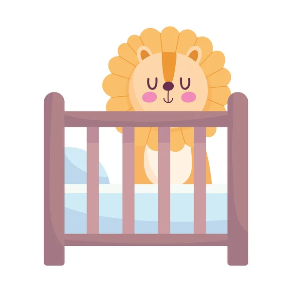 Babydusche, Tiger im Kinderbett mit Kissen, neugeborene Willkommenskarte — Stockvektor