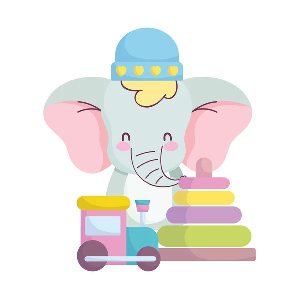 Baby shower, cute słoń z pociągu kapelusz i piramida zabawki kreskówki, ogłosić nowo narodzonego karty powitalnej — Wektor stockowy