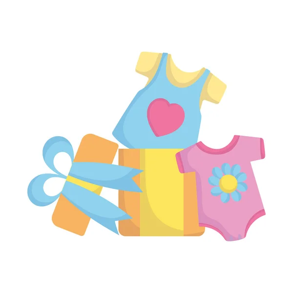 Baby dusch, bodysuits kläder i presentförpackning, tillkännage nyfödda välkomstkort — Stock vektor
