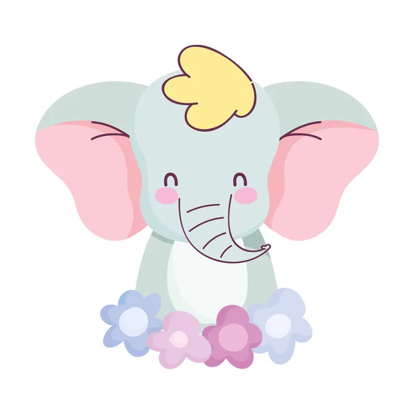 Baby shower, simpatico elefante con decorazione floreale, annunciare la carta di benvenuto neonato — Vettoriale Stock