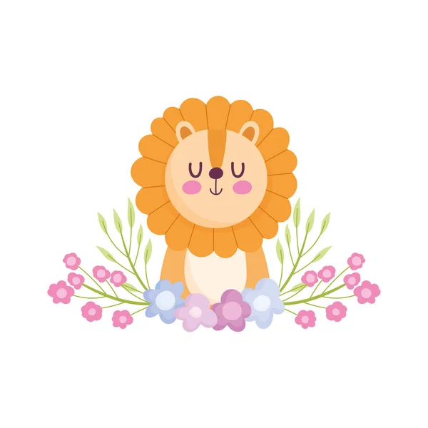 Baby shower, cute lion with flowers cartoon, announce newborn welcome card — Stock Vector