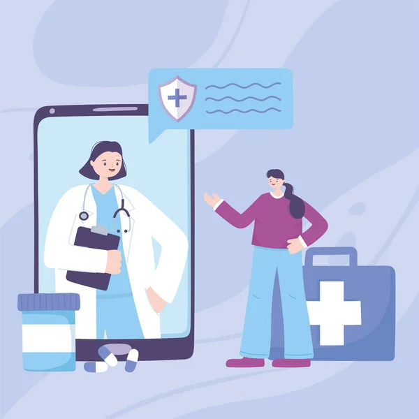 Telemedicina, teléfono inteligente médico en línea con la cita de carácter de apoyo médico — Vector de stock