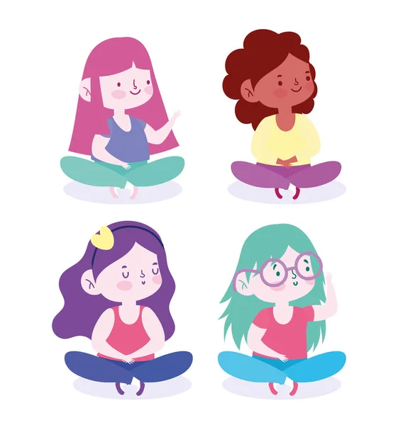 Lindas niñas sentadas piernas cruzadas dibujos animados diseño de personajes — Vector de stock